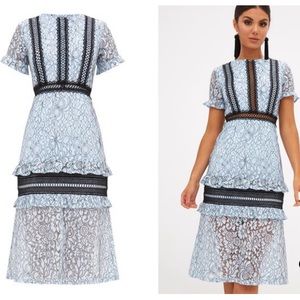 ruffle and lace detail midi dress